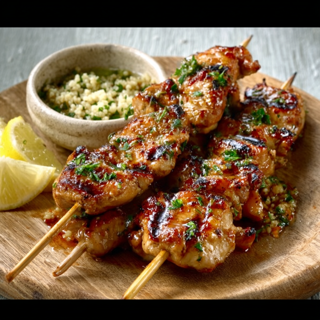 Zitronen-Kräuter-Hähnchenspieße mit Keto-Taboulé genießen!