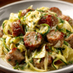 Zoodles mit Bratwurststreifen & Kräuterbutter