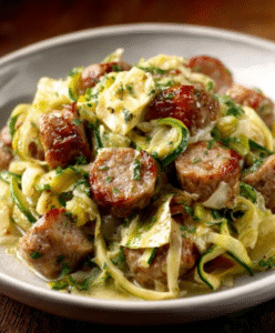 Zoodles mit Bratwurststreifen & Kräuterbutter