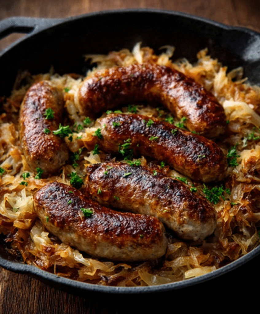 Keto Bratwurst with Sauerkraut Skillet