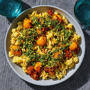 Keto-Pasta mit Sun-Gold-Tomaten & Pistazien-Gremolata