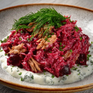 Knuspriger Entenhautsalat mit eingelegter Roter Bete und Meerrettich-Schaum