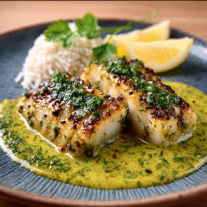 Kräuterumwickelter Kabeljau mit zitronig-dilliger Sauce