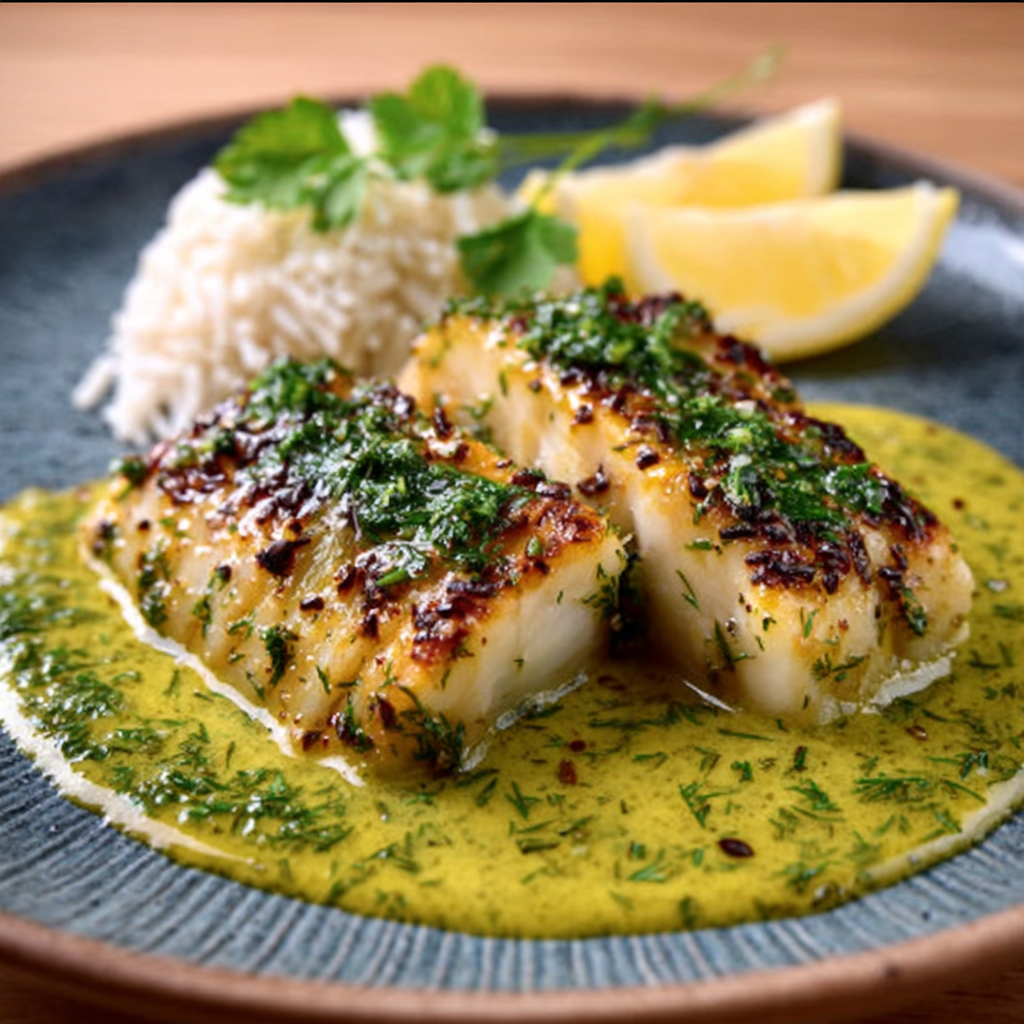 Kräuterumwickelter Kabeljau mit zitronig-dilliger Sauce verführt!