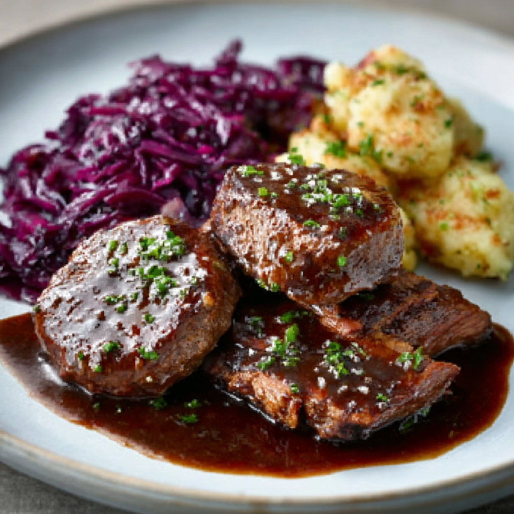 Sauerbraten-Fleischbällchen mit würzigem Rotkohl-Salat: Ein Genuss für Festtage!