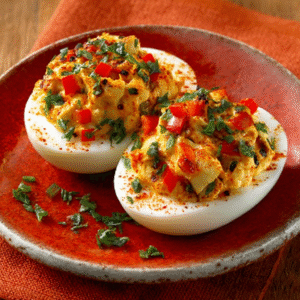 Schwarzer Knoblauch und geräucherte Paprika gefüllte Eier