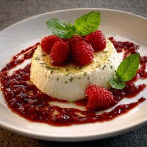 Zitronen-Basilikum-Panna Cotta mit frischer Himbeersoße