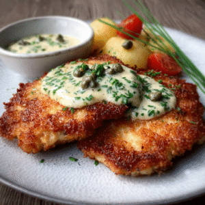 Sellerie-Schnitzel mit Kapern-Sahne Sauce