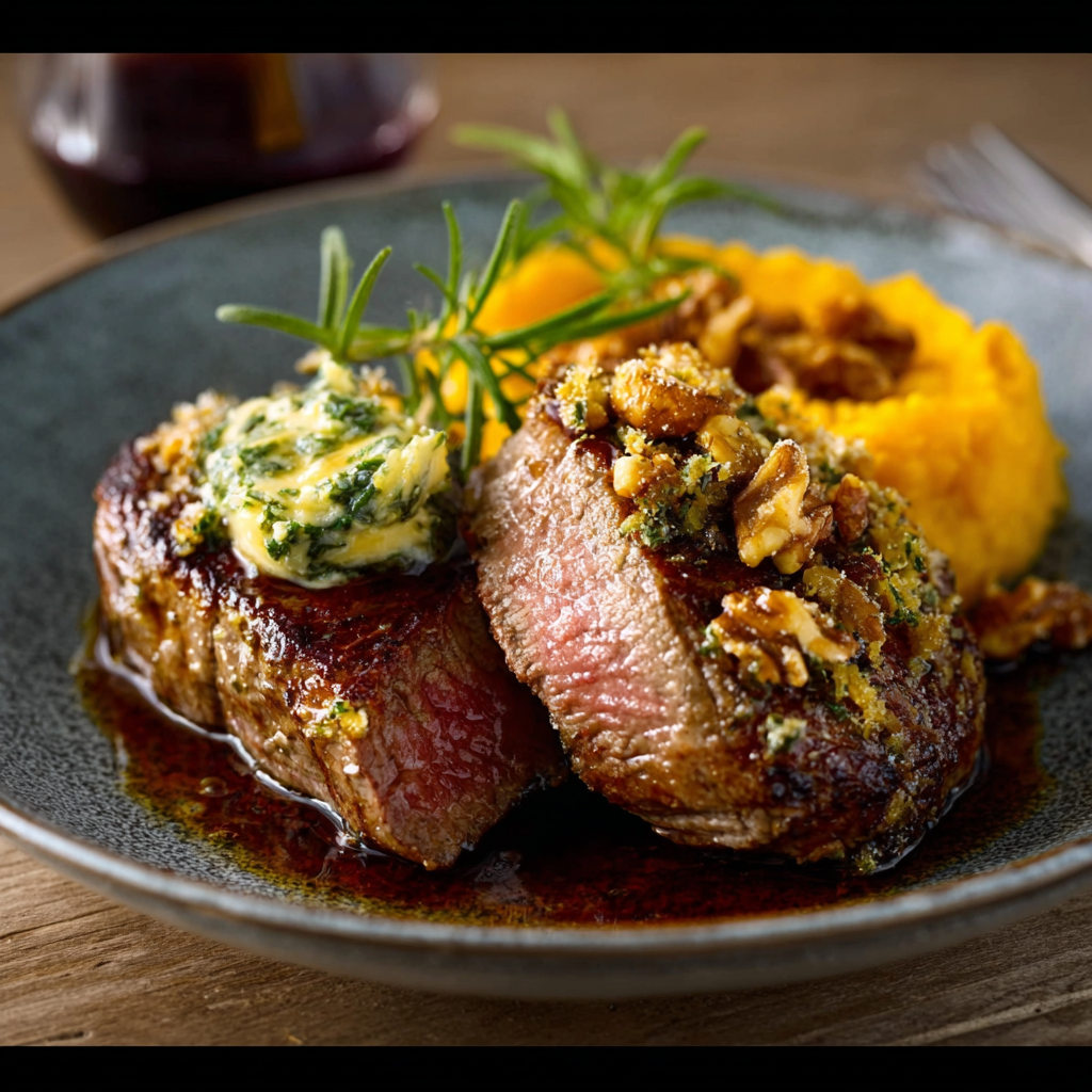 Walnuss-Crust Steak mit Kräuterbutter – Ein Genuss!