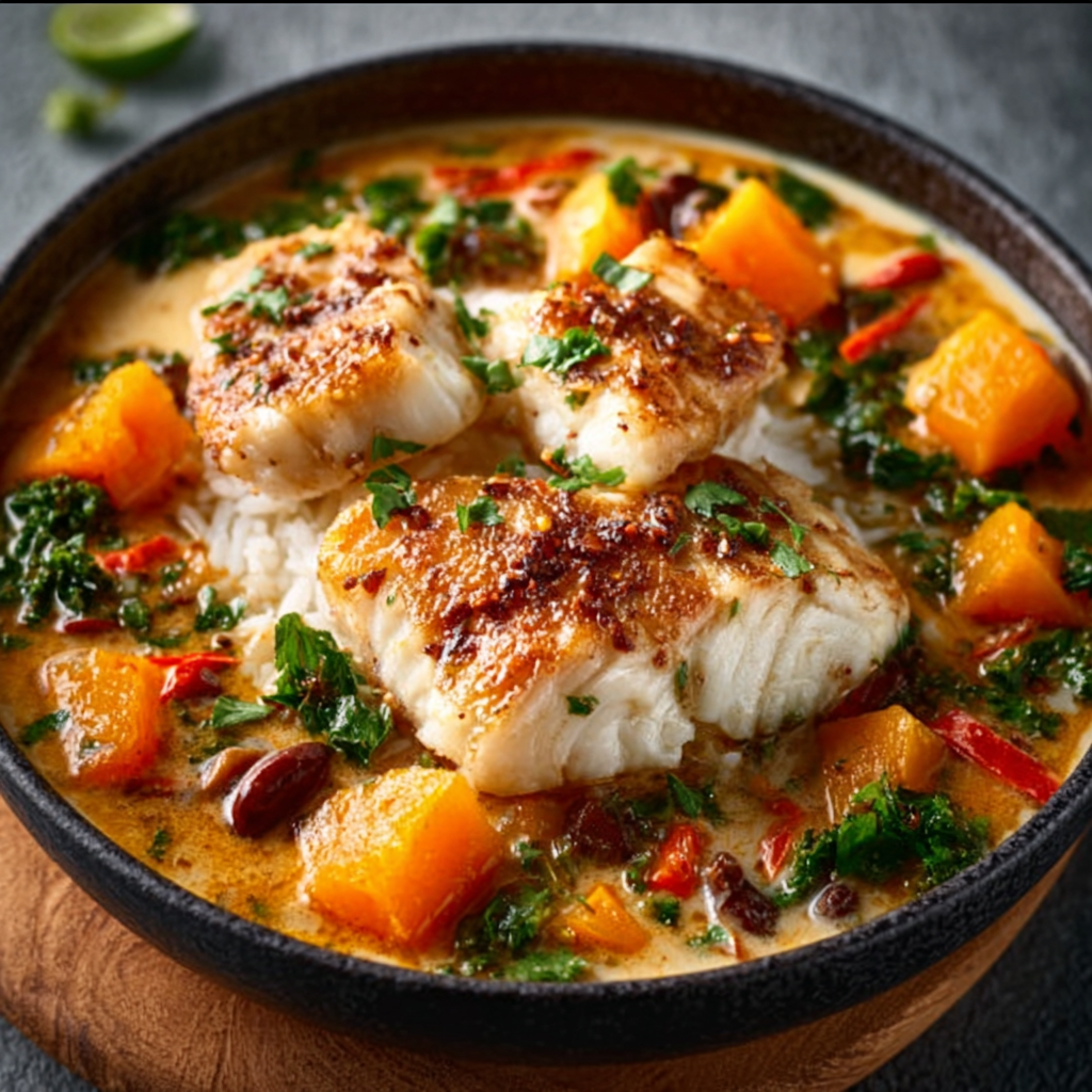 Ugandischer Tilapia in Kokosnuss-Turmerik-Eintopf