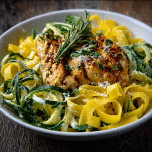 Zitronen-Creme-Hühnchen auf Kürbisbandnudeln