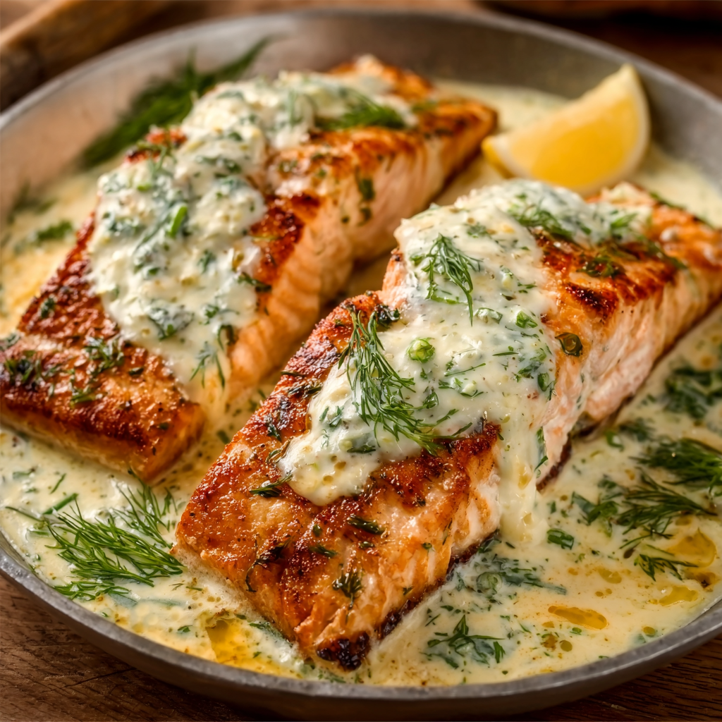 Buttergebratener Lachs mit Zitronen-Dill-Cremesauce