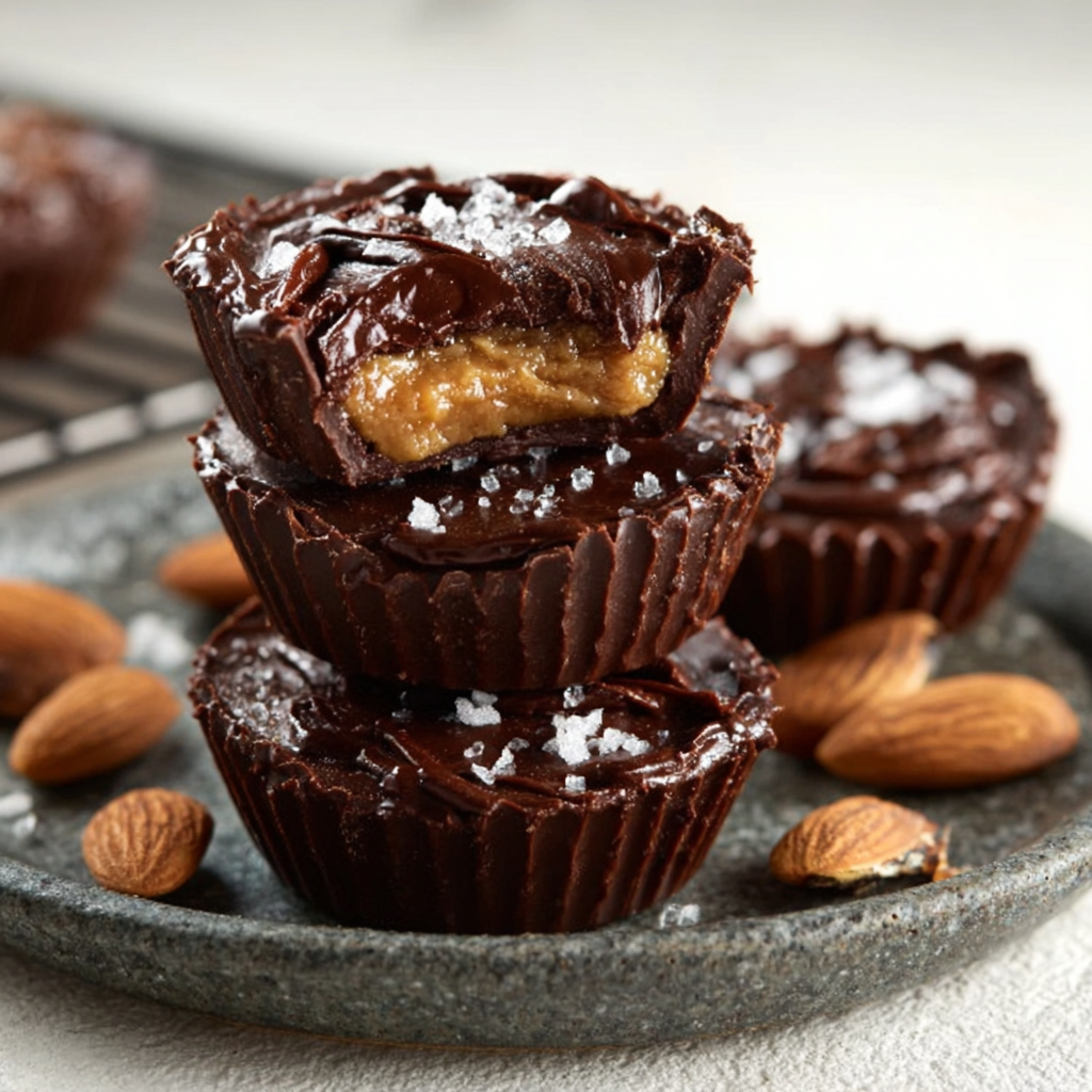 Dunkle Schokoladen-Meersalz-Mandelbutter-Keto-Tassen: Ein Genuss!