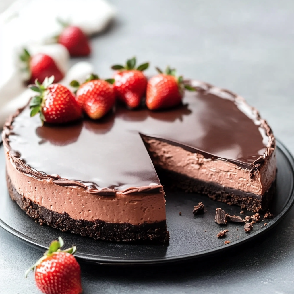 Keto Schokoladen-Käsekuchen mit Schokoladen-Erdbeeren