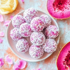 Zuckerfreie Zitronen-Kokos-Protein-Bällchen in Pink Pitaya