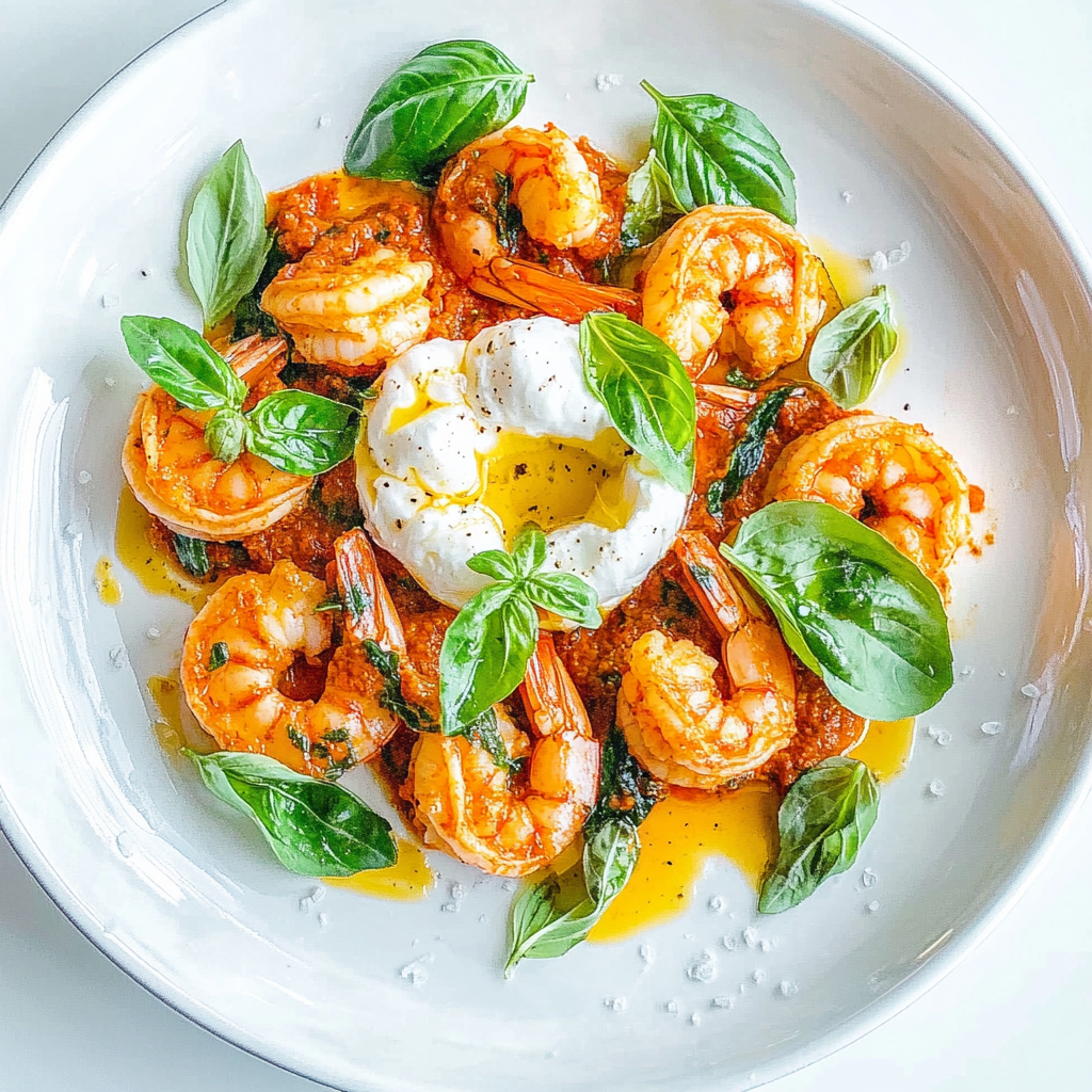 Garnelen Nduja Burrata Basilikum Teller für Feinschmecker!