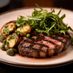 Gegrilltes Ribeye mit Trüffelbutter, knusprigen Kapern und Wassercress-Püree