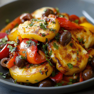 Halloumi-Harissa-Röstpaprika-Oliven-Bombe
