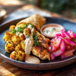 Hähnchen-Shawarma mit Blumenkohl, eingelegtem Rettich und Tahini-Soße