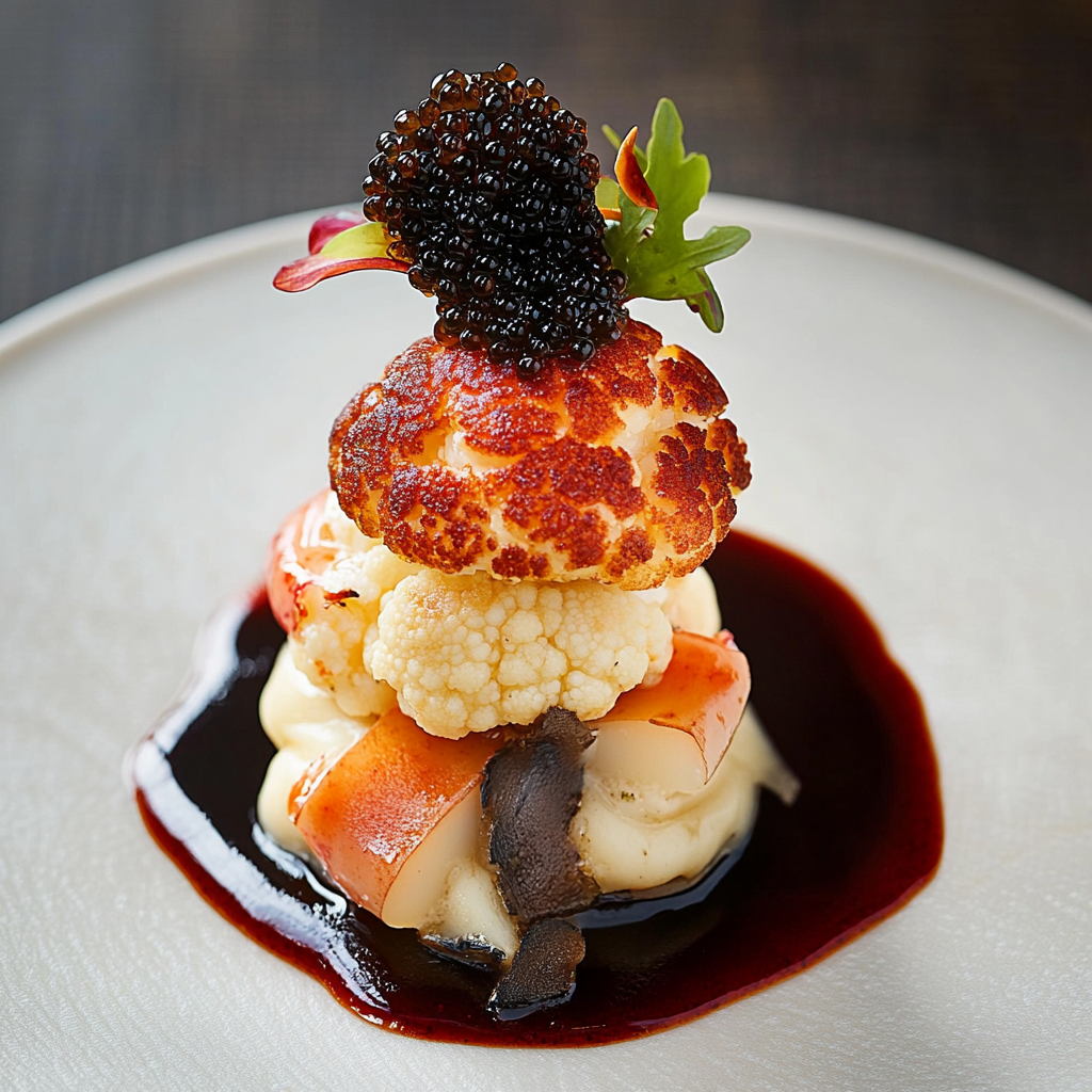 Hummer-Trüffel-Blumenkohl-Gratin-Caviar-Stapel genießen!