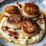 Jakobsmuscheln mit Braunbutter, Speck und Blumenkohlpüree