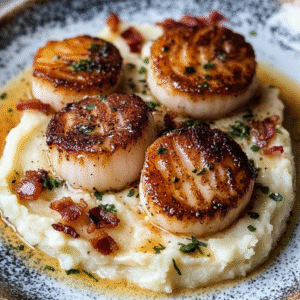 Jakobsmuscheln mit Braunbutter, Speck und Blumenkohlpüree