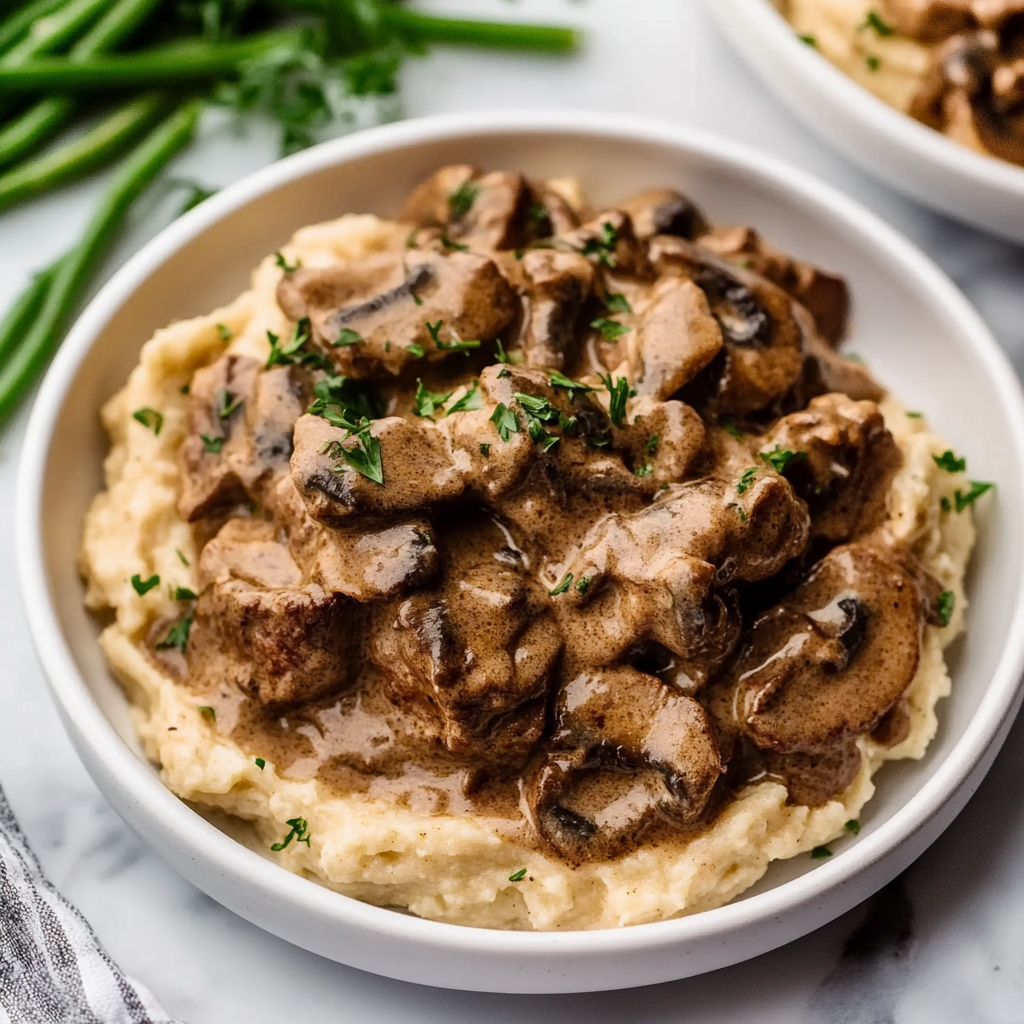 Keto Rindfleisch Stroganoff über Blumenkohlpüree: Jetzt probieren!