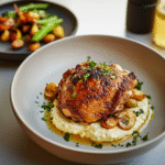 Knusprige Hähnchenschenkel mit geschlagener Ricotta und geröstetem Knoblauch