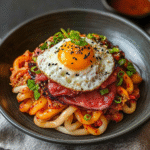 Koreanisches Wagyu-Kimchi-Gochujang-Ei-Stapel