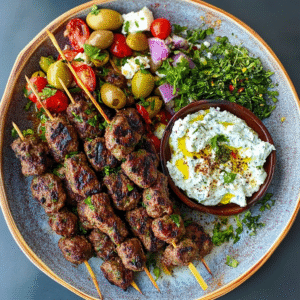 Lamm-Kofta-Tzatziki-Sumach-Oliven-Feta-Stapel