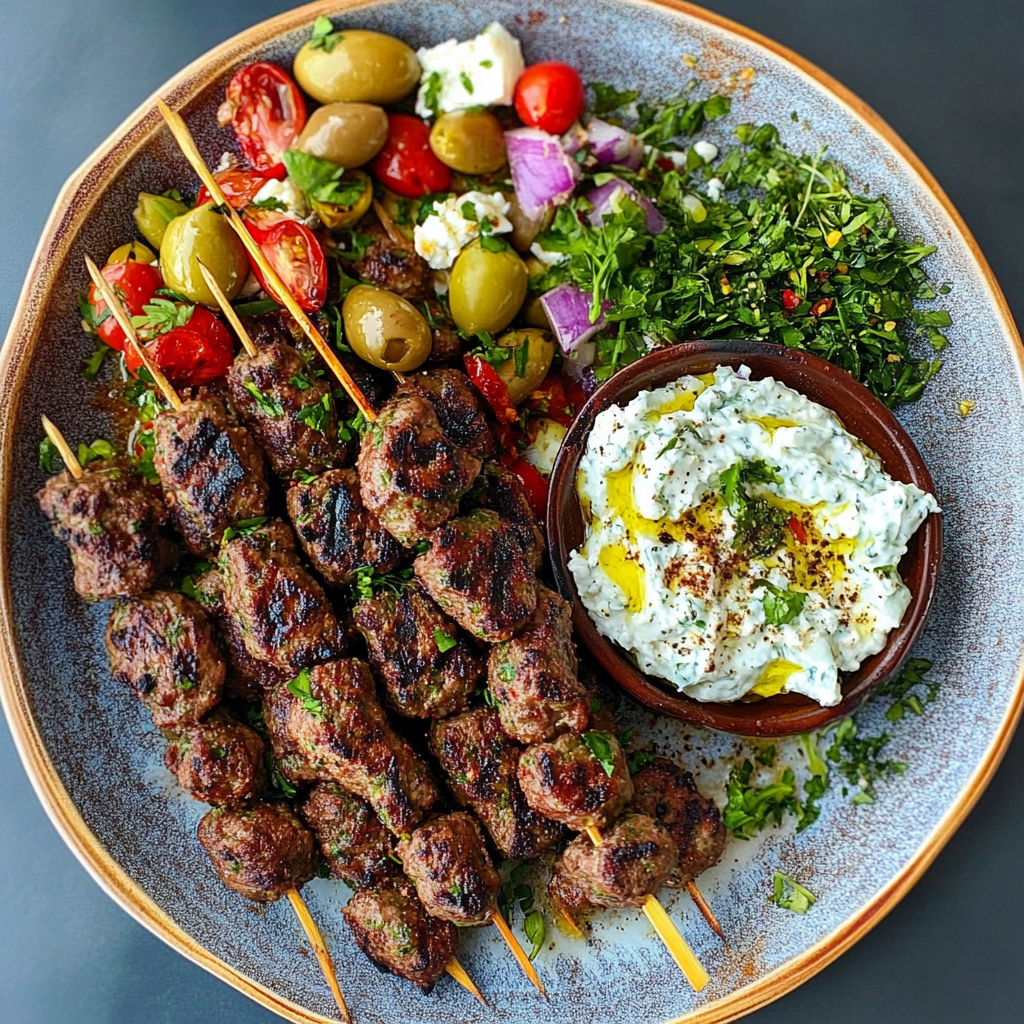 Lamm-Kofta-Tzatziki-Sumach-Oliven-Feta-Stapel genießen!