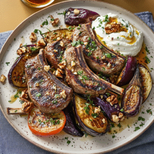 Lamm Labneh mit geröstetem Auberginen-Walnuss-Mess