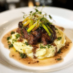 Ochsenschwanz-Trüffel-Püree mit knusprigem Lauch und Parmesan-Chaos