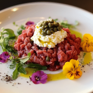 Rinderfilet-Tatar mit geräuchertem Ricotta und Kapern