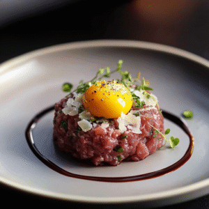 Rindertatar mit Wachtelei, Meerrettich und Parmesan