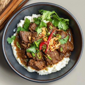 Rindfleisch Rendang mit Kokosblumenkohl und knusprigen Schalotten