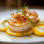 Saffran-Scampi mit knusprigem Pancetta und eingelegtem Fenchel