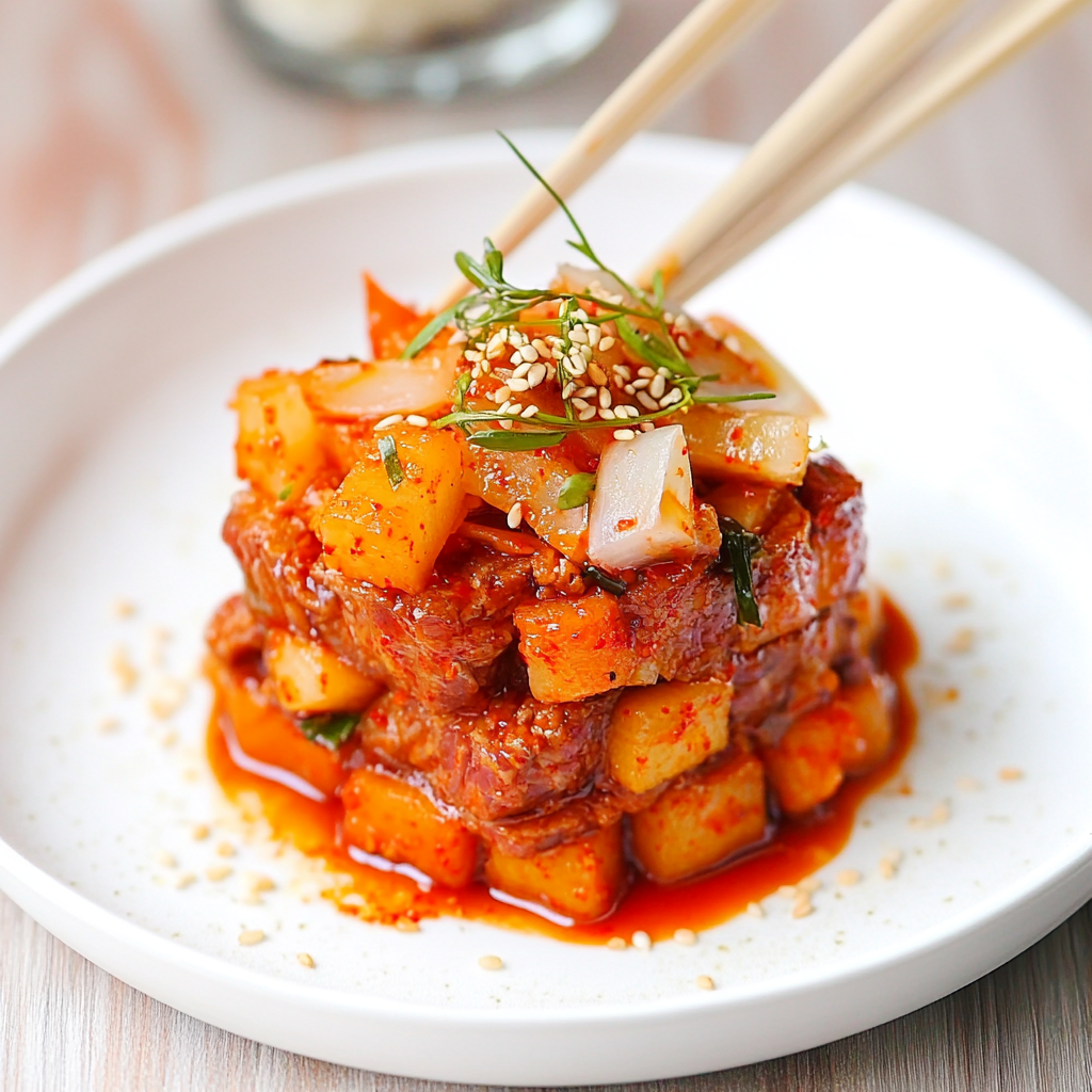 Wagyu-Kimchi-Daikon-Crispy-Garlic-Gochujang-Stapel genießen!