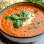 Cremige Tomaten-Basilikum-Spinat-Suppe mit Blumenkohlreis