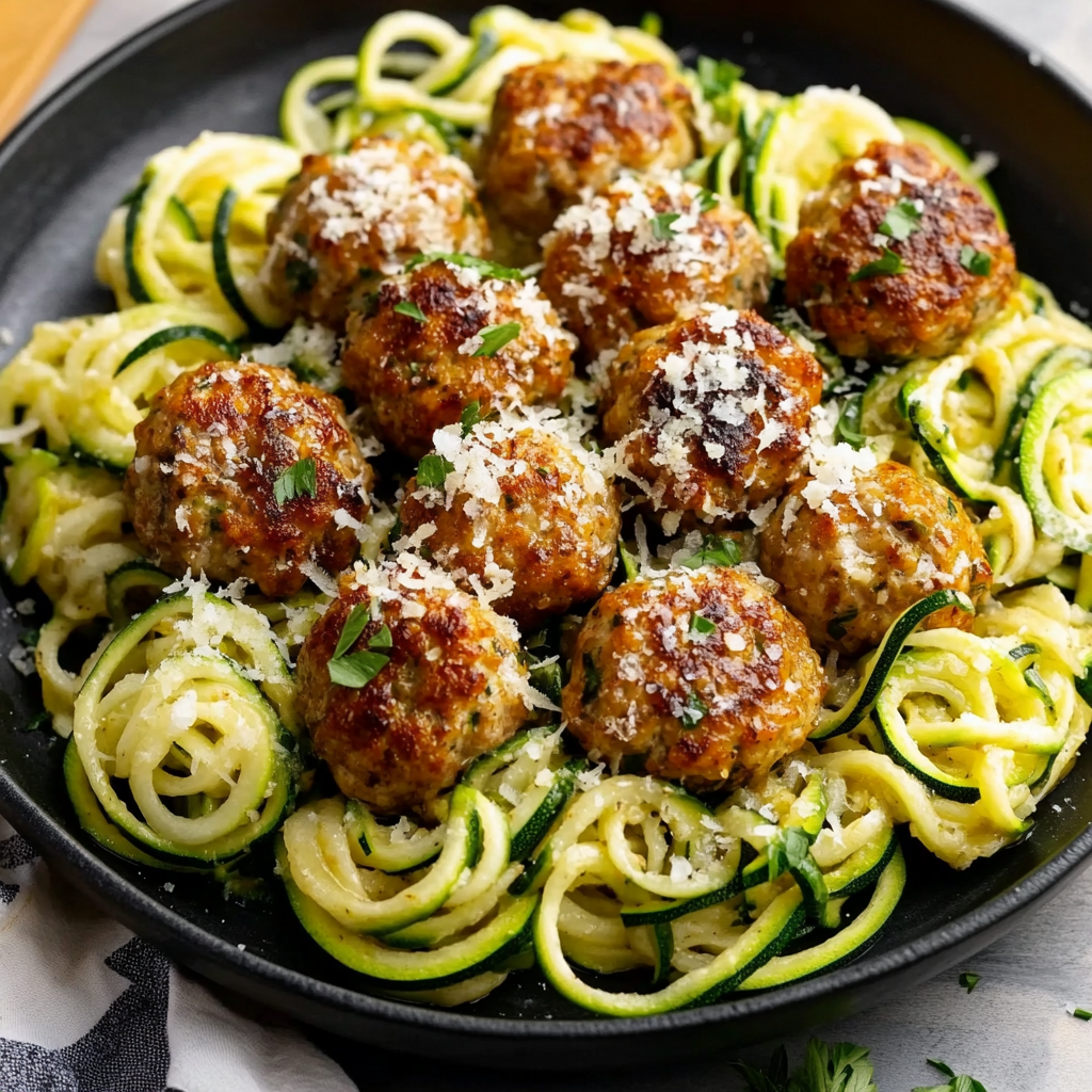 Knoblauch-Butter-Fleischbällchen auf Zucchini-Nudeln genießen!
