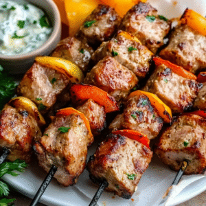 Schweinefleisch Souvlaki-Spieße aus der Heißluftfritteuse