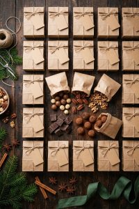 Selbst gefüllter Keto Adventskalender aus Kraftpapiertüten mit Macadamias, Pekannüssen, Walnüssen und dunkler Schokolade auf dunklem Holz