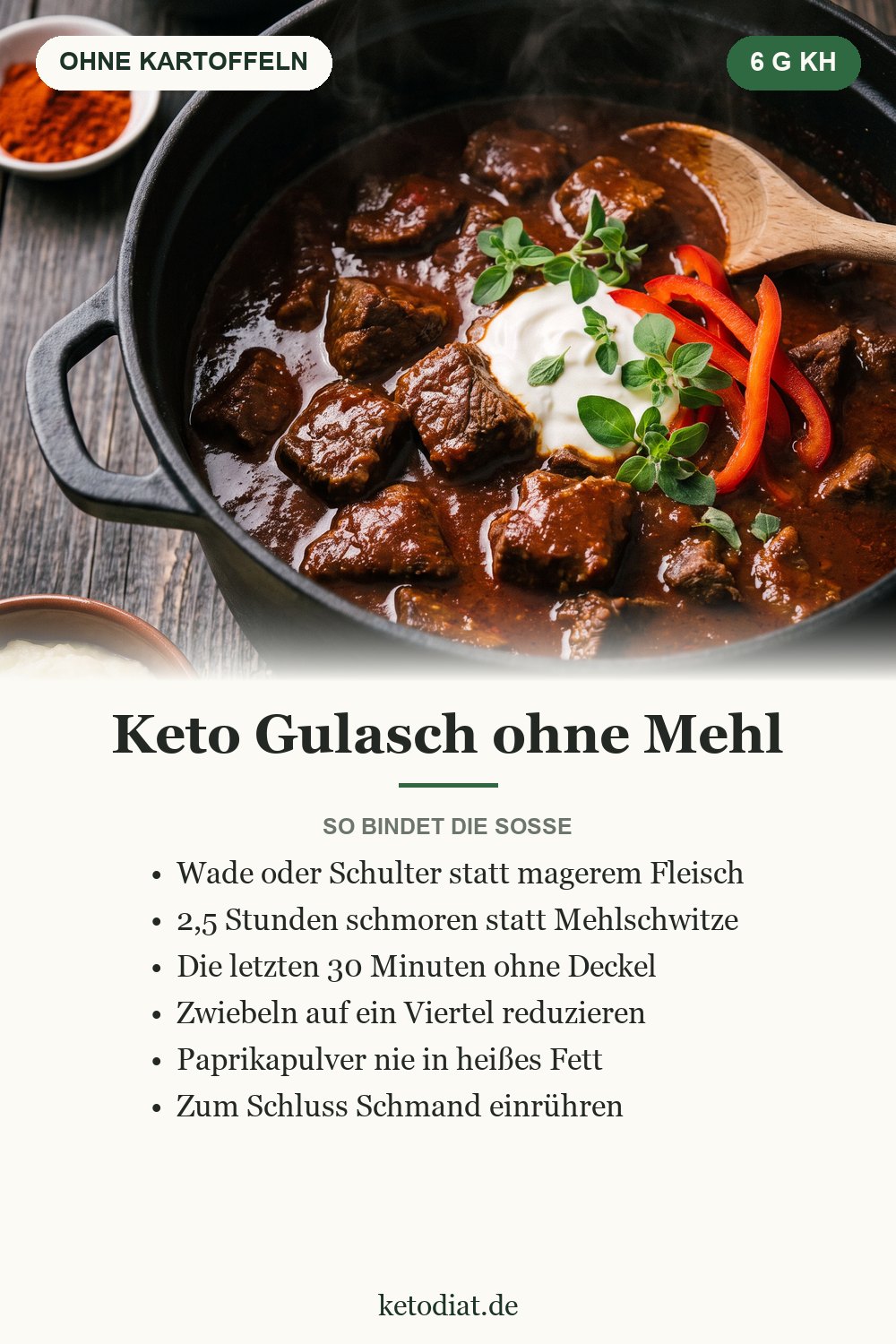 Keto Gulasch – ohne Mehl gebunden, ohne Kartoffeln serviert