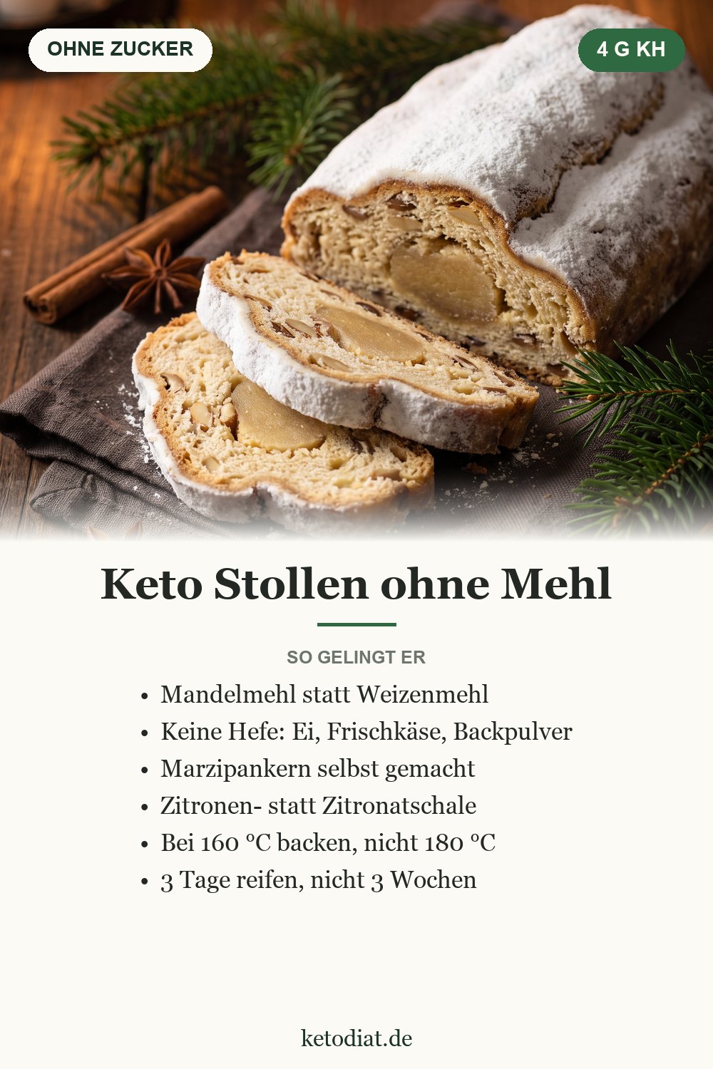 Keto Stollen backen – saftiger Christstollen ohne Mehl und Zucker