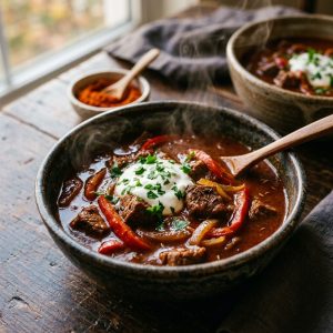 Gulaschsuppe ohne Kartoffeln mit Rindfleisch, Paprika und saurer Sahne in einer Schüssel
