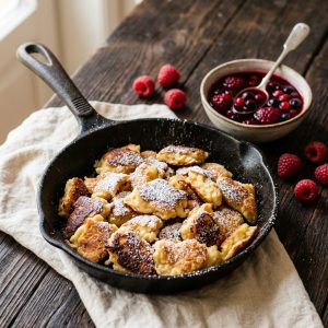 Low Carb Kaiserschmarrn ohne Mehl in der Pfanne mit Himbeeren