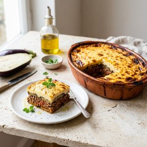 Low Carb Moussaka mit Auberginen, Hacksoße und goldbraunem Guss, ein Stück auf dem Teller
