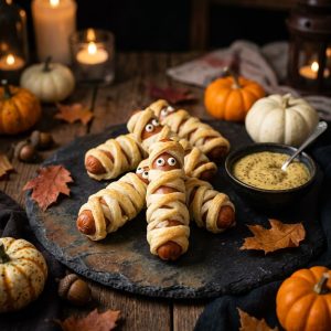 Low Carb Mumien-Würstchen für Halloween auf einer Schieferplatte