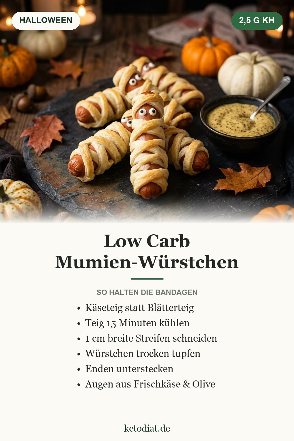Low Carb Mumien-Würstchen – Halloween-Fingerfood mit Käseteig