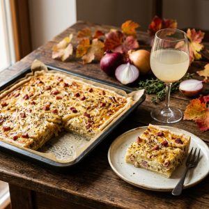 Low Carb Zwiebelkuchen mit Speck und Kümmel auf Mandelboden
